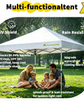 10x10 Pop Up Canopy Tent With Wheeled Bag Instant Setup No Fuss Waterproof Outdoor Shade Shelter For Patio Backyard Parties And Camping Portable White Canopy Shade in a park with family underneath