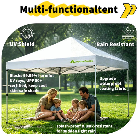 10x10 Pop Up Canopy Tent With Wheeled Bag Instant Setup No Fuss Waterproof Outdoor Shade Shelter For Patio Backyard Parties And Camping Portable White Canopy Shade in a park with family underneath
