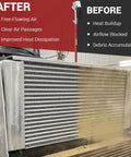 Radiator before and after cleaning with Beefy Flat Tight Space Radiator Cleaning Wand For Radiators And Condensers, Heavy-Duty 24 Inch Tool.