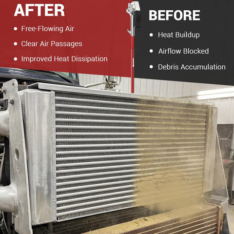 Radiator before and after cleaning with Beefy Flat Tight Space Radiator Cleaning Wand For Radiators And Condensers, Heavy-Duty 24 Inch Tool.