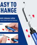 Front view of WORKPRO deburring tool with blue aluminum handle and 360° swivel head, 11 extra HSS blades