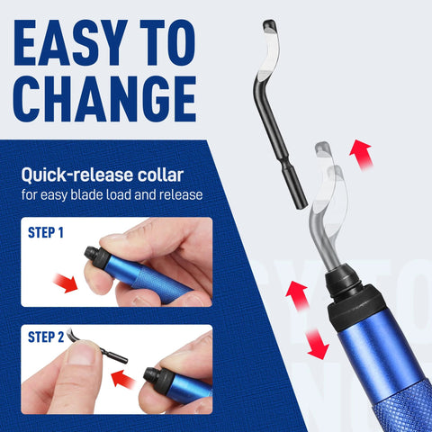 Front view of WORKPRO deburring tool with blue aluminum handle and 360° swivel head, 11 extra HSS blades