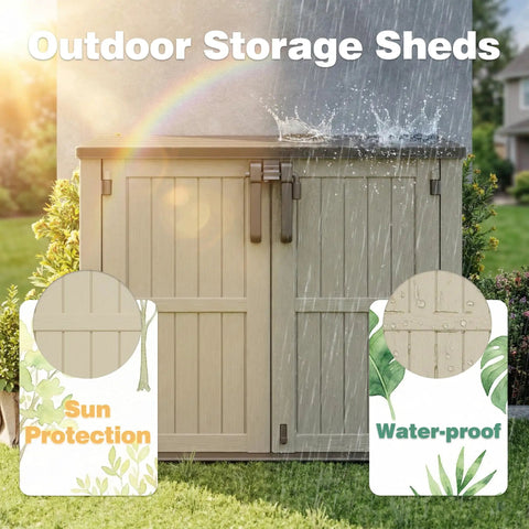 Weatherproof 36 Cu Ft Outdoor Storage Box With Lockable Doors featuring sun and water resistance, situated in a backyard.