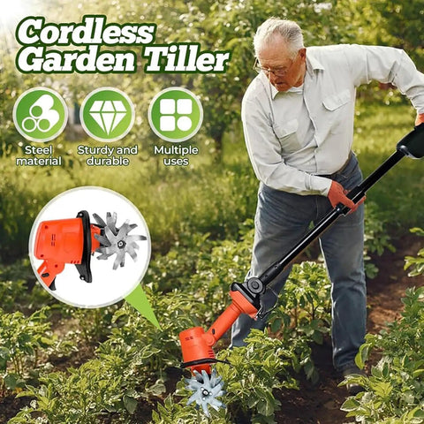 Cordless Mini Tiller With Five 1500mAh Batteries And Fast Charger, 235RPM Handheld Cultivator in use in a garden