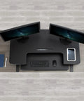 Top view of Electric Height Adjustable Desk Converter With Sit To Stand Function And Dual Monitor Riser 42 Inch Workstation Stand Up Desk with keyboard and tablet