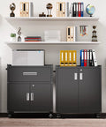 Heavy Duty Rolling Storage Cabinet For Garage And Shop, Two Door Metal Cabinet With Two Adjustable Shelves, Lockable Wheels And Locking Doors, 35 Inch Tall Large Capacity Tool Chest In Black, front view