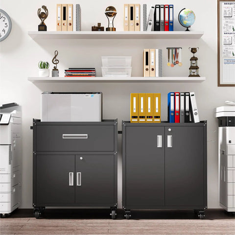 Heavy Duty Rolling Storage Cabinet For Garage And Shop, Two Door Metal Cabinet With Two Adjustable Shelves, Lockable Wheels And Locking Doors, 35 Inch Tall Large Capacity Tool Chest In Black, front view