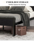 Heavy Duty Full Size Bed Frame With Wooden Headboard And Footboard In Black Oak, showcasing under-bed storage space with 12" clearance.