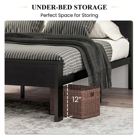 Heavy Duty Full Size Bed Frame With Wooden Headboard And Footboard In Black Oak, showcasing under-bed storage space with 12" clearance.
