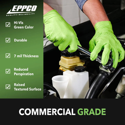 Top Shelf 6 Mil Nitrile Disposable Gloves With Ridged Grip For Mechanics Car Guys And Industrial Pros Powder Free Latex Free Tough As Nails Texture In Bright Lime Green X Large Case Of 900 being used for automotive repair.