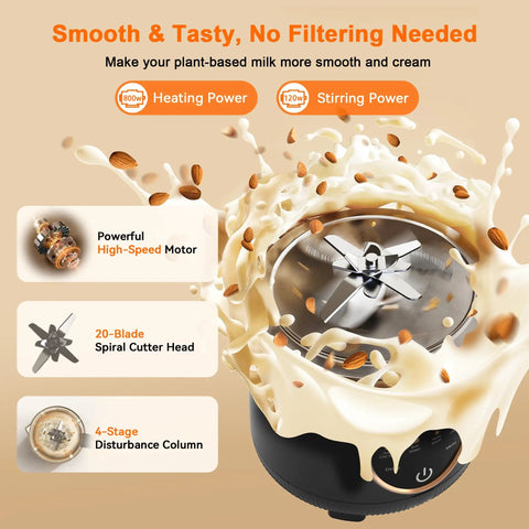 Close-up of 50 Oz Nut Milk Maker Machine Ten In One Automatic Plant Based Milk Maker showing 20 blades and milk splashes