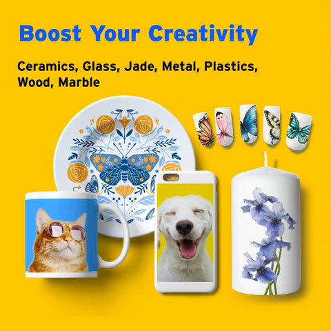 White Inkjet Water Slide Paper For DIY Transfers, 20 A4 Sheets on decorated ceramics, mug, phone case, and candle