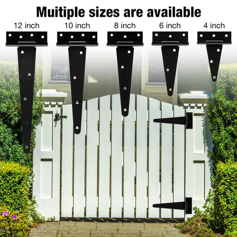Beefy Heavy Duty 10 Inch T Strap Gate Hinges 2 Pack For Barn Fence Doors Exterior Interior Wood Cabinet Shed Shop Black 270 Degree Swing Tee Hinges Hardware Kit on white gate