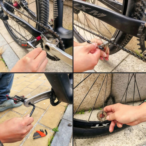 Using the All In One Pro Grade Bike Repair Tool Kit With Hard Case For Mountain And Road Bikes on various bike components