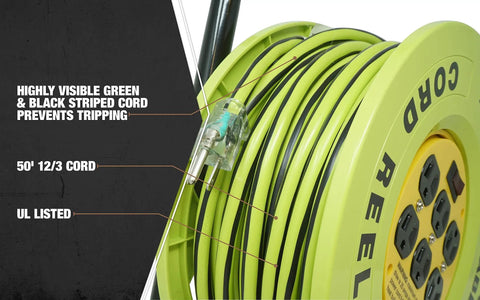 Heavy Duty Power Stations Cord Reel With 50 Foot 14/3 Gauge Cord Six Grounded Outlets Built In Circuit Breaker And Lighted Switch