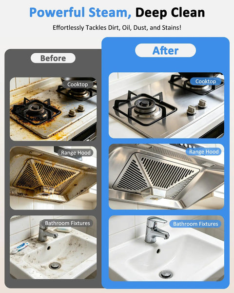 Before and after images showing deep cleaning results with Quick 15 Second Heat Up Handheld Steam Cleaner With High Pressure For Deep Cleaning Grease And Grout Stains Without Harsh Chemicals Compact Portable Design For Effortless Home Maintenance And Spotless Surfaces.