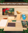 Beginner Friendly Wood Carving Kit For Adults And Kids 13 Piece Whittling Tools Bird Carving Set With Safe Wood Carving Knife For Learning DIY Crafts And Hobbies Great Gift Idea displayed with carving blocks, knife, templates, and sandpaper.