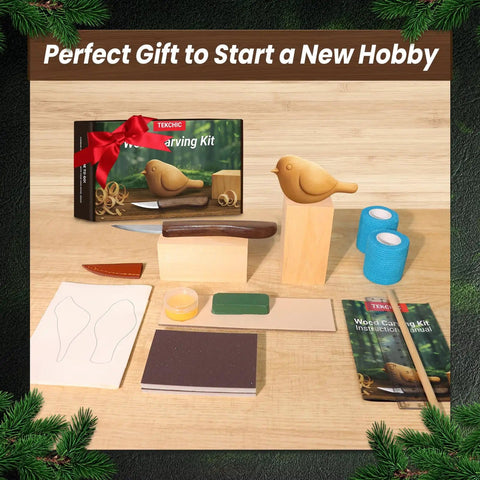 Beginner Friendly Wood Carving Kit For Adults And Kids 13 Piece Whittling Tools Bird Carving Set With Safe Wood Carving Knife For Learning DIY Crafts And Hobbies Great Gift Idea displayed with carving blocks, knife, templates, and sandpaper.