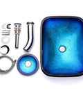 Dope Blue Ripple Tempered Glass Vessel Sink With Waterfall Faucet For Above Counter Vanity Rectangle Design Pop Up Drain