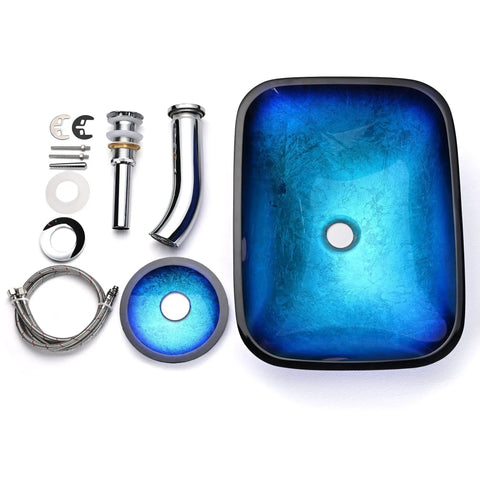 Dope Blue Ripple Tempered Glass Vessel Sink With Waterfall Faucet For Above Counter Vanity Rectangle Design Pop Up Drain
