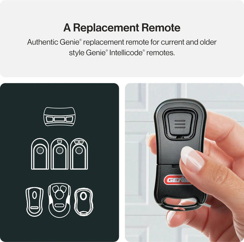 Hand holding a Single Button Garage Door Opener Remote For Intellicode Compatible Openers Safe And Secure Access Easy To Program G1T BX Model Replacement For Home And Shop Use No Hassle Setup.