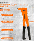 Heavy Duty Professional Rivet Gun Kit With 200 Aluminum Pop Rivets And 4 Drill Bits, showing one-handed aluminum alloy riveter with sizes.