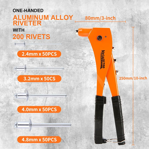 Heavy Duty Professional Rivet Gun Kit With 200 Aluminum Pop Rivets And 4 Drill Bits, showing one-handed aluminum alloy riveter with sizes.
