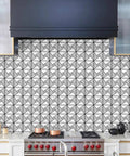 Peel And Stick Backsplash Tile Set With Glass And Metal Pinwheel Pattern in kitchen, self adhesive 12 by 12 inch mosaic tiles.