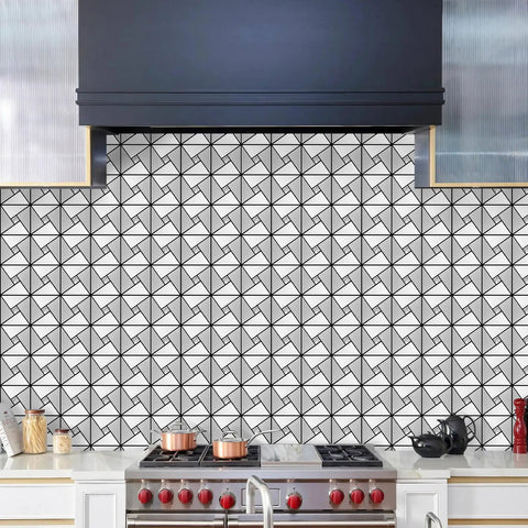 Peel And Stick Backsplash Tile Set With Glass And Metal Pinwheel Pattern in kitchen, self adhesive 12 by 12 inch mosaic tiles.