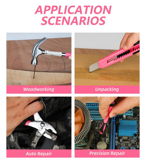 Application scenarios using the Pink 40 Piece Girly Tool Set For Women with durable chrome vanadium hand tools for various tasks