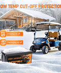 Golf cart in snow with 36V 105Ah LiFePO4 battery showing low temp cut-off protection, charging cut-off at 0°C and discharging cut-off at -20°C