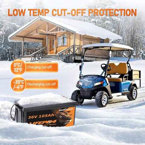 Golf cart in snow with 36V 105Ah LiFePO4 battery showing low temp cut-off protection, charging cut-off at 0°C and discharging cut-off at -20°C