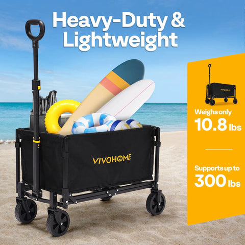 Collapsible Wagon Cart With All-Terrain Wheels, Lightweight Portable Folding Utility Wagon For Groceries, Sports, Garden And Camping, Beach Trips, Heavy-Duty Steel Frame And Water-Resistant Fabric, Easy Towing on a beach with items loaded