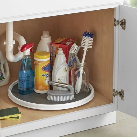 18-Inch Lazy Susan Turntable Organizer For Pantry And Cabinets Non-Skid Spinner holding cleaning supplies under sink