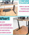 Before and after using Flexible Under Desk Cable Raceway for Sit Stand Desks, S Shaped Channel to Hide and Organize Wires.