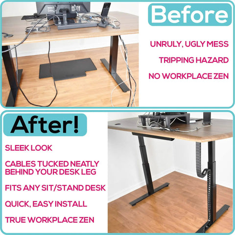 Before and after using Flexible Under Desk Cable Raceway for Sit Stand Desks, S Shaped Channel to Hide and Organize Wires.