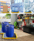 Oil Drum Spill Containment Tray With Drain, 2.6 Gallon Capacity, Leakproof Polyethylene Pallet with detachable platform in garage