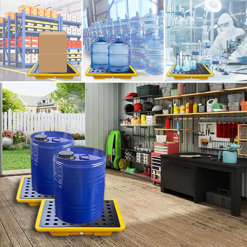 Oil Drum Spill Containment Tray With Drain, 2.6 Gallon Capacity, Leakproof Polyethylene Pallet with detachable platform in garage