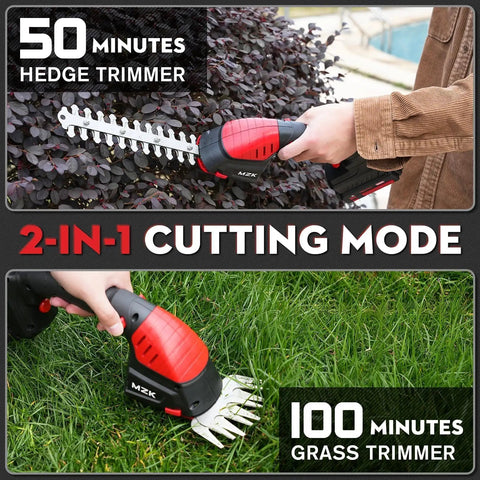 2-In-1 Cordless Pole Hedge Trimmer And Grass Shear With Extension Pole, 20V Power, shown trimming hedges and grass.