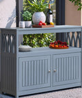 All in One Acacia Wood Outdoor Storage Cabinet With Two Magnetic Doors Weatherproof in gray on patio with decor