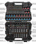 Pro Grade 153-Piece Impact Socket Set for 1/4 Inch, 3/8 Inch, and 1/2 Inch Drives, organized in black case, CR-MO steel