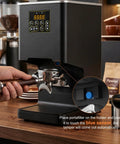 Electronic Automatic Espresso Tamper With 58mm Coffee Distribution Disc Adjustable Pressure Settings, showing blue sensor and portafilter setup.
