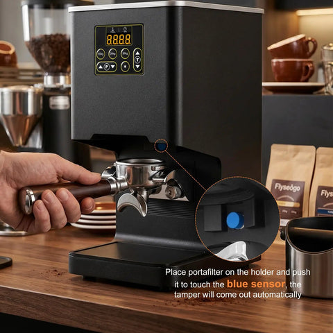 Electronic Automatic Espresso Tamper With 58mm Coffee Distribution Disc Adjustable Pressure Settings, showing blue sensor and portafilter setup.