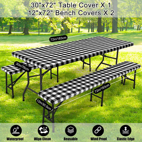 Buffalo Plaid Waterproof 3 Piece Picnic Table Cover Set With Bench Covers on 72x30 table and 72x12 benches outdoors