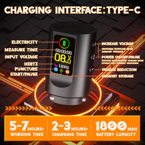 OLED screen display of Wireless Rotary Tattoo Gun Kit With Cordless Pen, 1800mAh Battery And OLED Screen, 7 Stroke Settings Plus 5 Stippling Modes, All In One Starter Pack With Needles Inks And Practice Skin For Beginners showing voltage, hertz, and time.