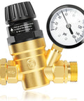 Brass RV water pressure regulator valve with built-in gauge and adjustable knob