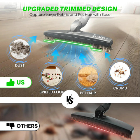Comparison of Horsehair Floor Attachment For Hard Surfaces And Tile With Vacuum Hose Adapter capturing debris versus generic brush
