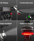 Heavy Duty Adult Electric Dirt Bike With Full Suspension Fat Tires And Hydraulic Brakes showing LCD display, comfortable seat, bright headlight, reflective taillight.