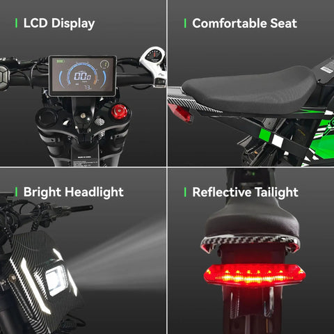 Heavy Duty Adult Electric Dirt Bike With Full Suspension Fat Tires And Hydraulic Brakes showing LCD display, comfortable seat, bright headlight, reflective taillight.