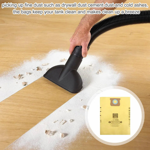 Top Shelf Disposable Vacuum Bags For Shop Vac Wet Dry Cleaners High Efficiency Dust Traps Heavy Duty Filter Sacks in use, picking up fine dust